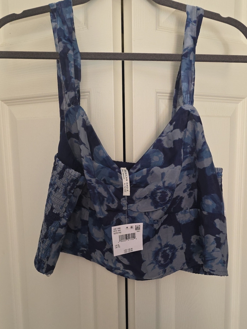 American Eagle Outfitters Blue Floral Smocked-Side Crop Top